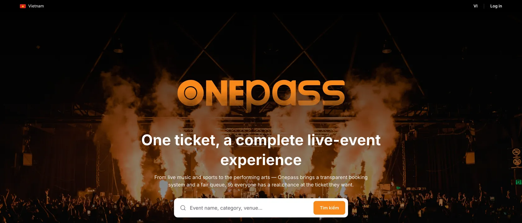 Onepass homepage: one ticket, a complete live-event experience, with event search